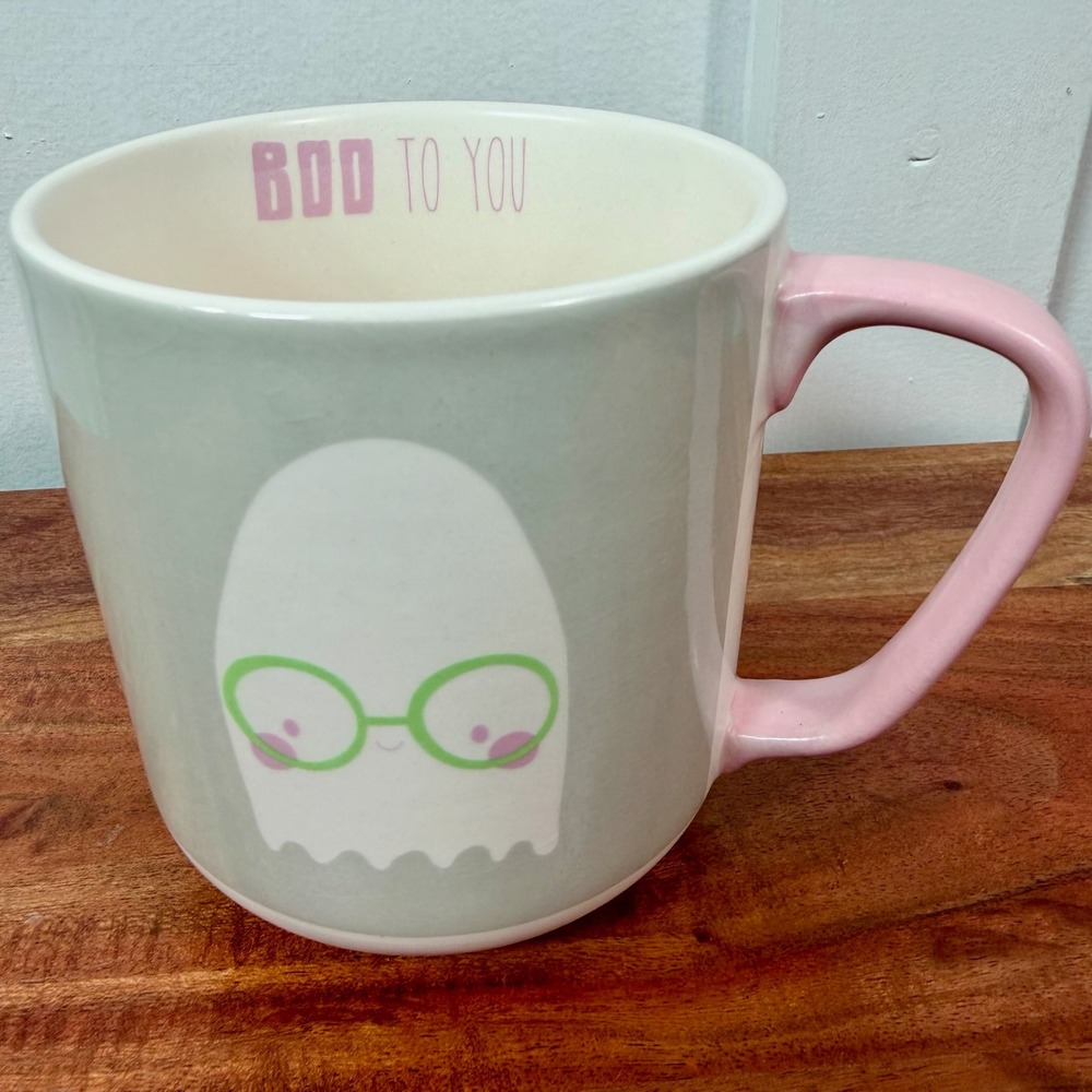 Holiday Home Boo To You Ghost Mug Pink Handle Halloween Ceramic Sppoky Goth Gift